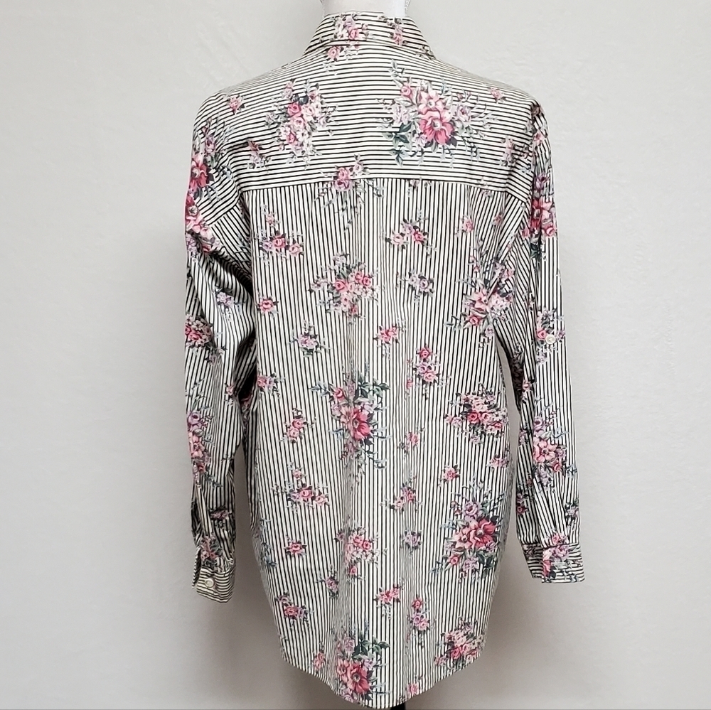 Casey & Max Vintage 80s Mixed Media Floral Striped Hi-low Button Up Blouse L - Picture 11 of 15